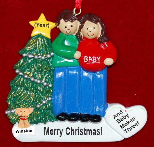 Expecting Couple Christmas Ornament Both Brunette with Dogs, Cats, Pets Custom Added Personalized FREE at PersonalizedOrnamentsMarket.com by Russell Rhodes