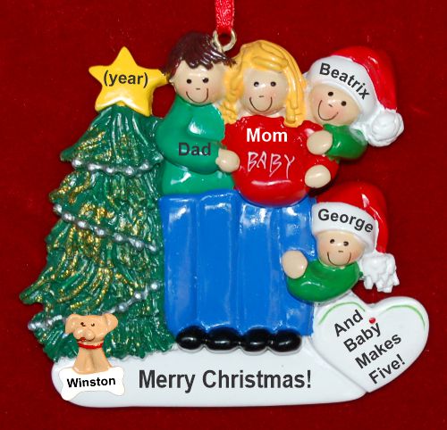 Family of 4 Pregnant Expecting 3rd Child Personalized Christmas Ornament Male Brunette Female Blond with Pets Personalized by RussellRhodes.com