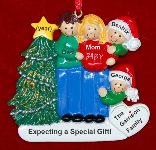 Family of 4 Pregnant Expecting 3rd Child Personalized Christmas Ornament Male Brunette Female Blond Personalized FREE at PersonalizedOrnamentsMarket.com by Russell Rhodes