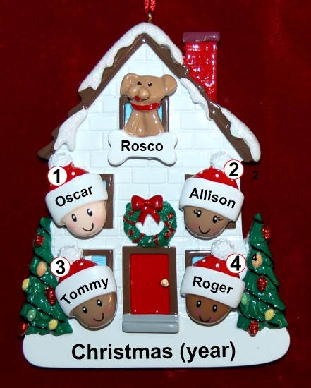 Mixed Race Biracial Family Christmas Ornament for 4 with Pets Personalized by RussellRhodes.com