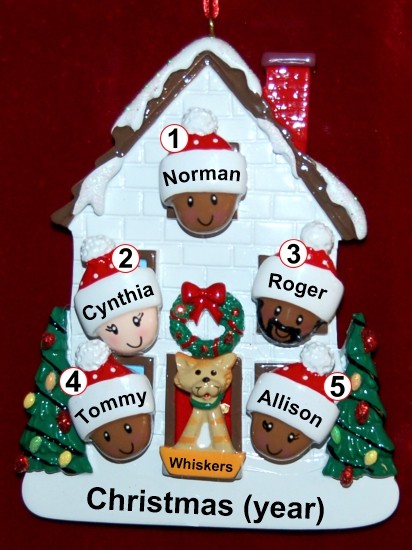 Mixed Race Biracial Family Christmas Ornament for 5 with Pets Personalized by RussellRhodes.com