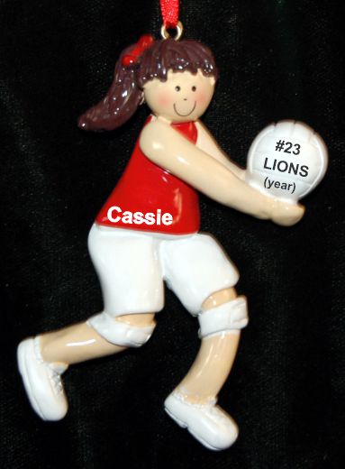 Volleyball Christmas Ornament Red Uni Brunette Female Personalized FREE at PersonalizedOrnamentsMarket.com by Russell Rhodes