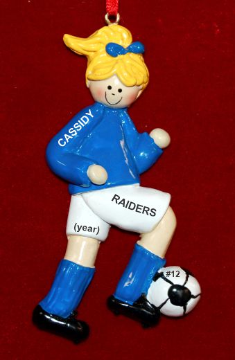 Soccer Christmas Ornament Blond Female Blue Uniform Personalized by RussellRhodes.com