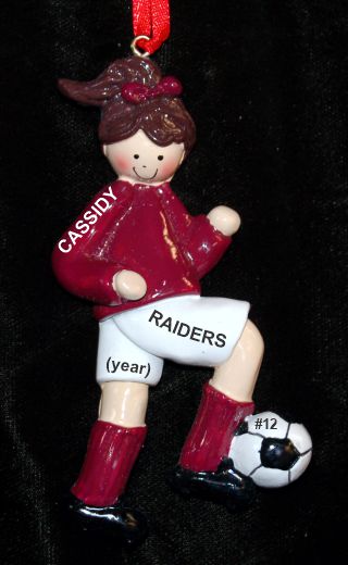 Soccer Christmas Ornament Brunette Female Maroon Uniform Personalized by RussellRhodes.com