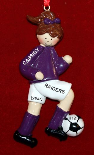 Soccer Christmas Ornament Brunette Female Purple Uniform Personalized by RussellRhodes.com