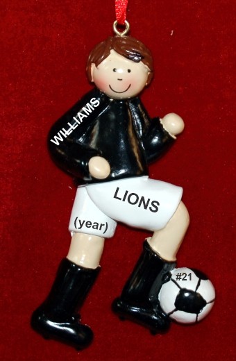 Soccer Christmas Ornament  Brunette Male Black Uniform Personalized by RussellRhodes.com