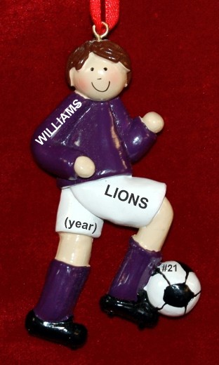 Soccer Christmas Ornament  Brunette Male Purple Uniform Personalized by RussellRhodes.com