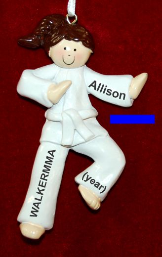 Martial Arts Karate Christmas Ornament Brunette Female Blue Belt Personalized by RussellRhodes.com