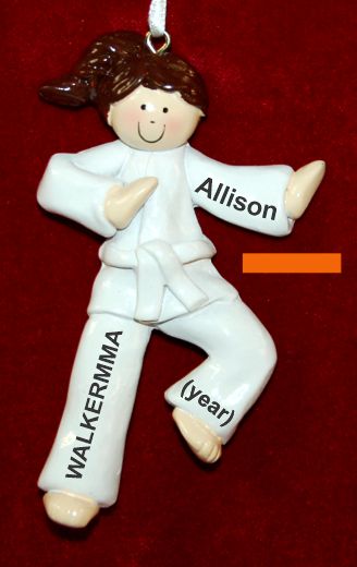 Martial Arts Karate Christmas Ornament Brunette Female Orange Belt Personalized by RussellRhodes.com