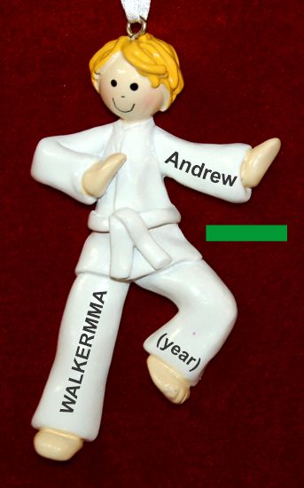 Martial Arts Karate Christmas Ornament Blond Male Green Belt Personalized FREE at PersonalizedOrnamentsMarket.com by Russell Rhodes