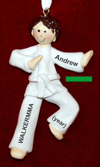 Martial Arts Karate Christmas Ornament Brunette Male Green Belt Personalized FREE at PersonalizedOrnamentsMarket.com by Russell Rhodes