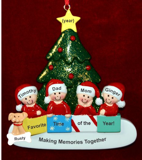 Family Christmas Ornament in Front of Tree for 4 with Pets Personalized by RussellRhodes.com