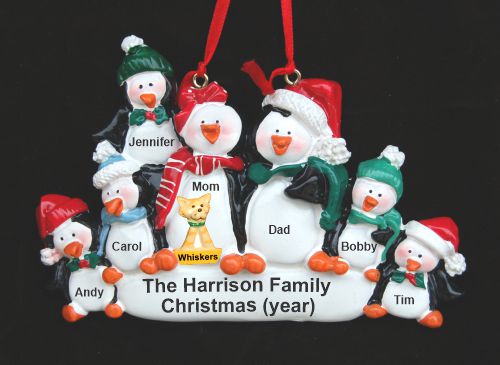 Family Christmas Ornament Penguin Snuggles for 7 with Pets Personalized by RussellRhodes.com