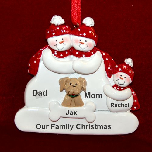 Family Christmas Ornament for 3 with Tan Dog Personalized by RussellRhodes.com