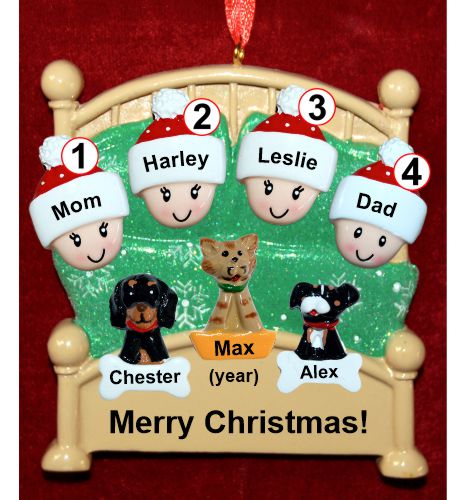 Family Christmas Ornament Cozy & Warm for 4 with 3 Dogs, Cats, Pets Custom Add-ons Personalized FREE at PersonalizedOrnamentsMarket.com by Russell Rhodes