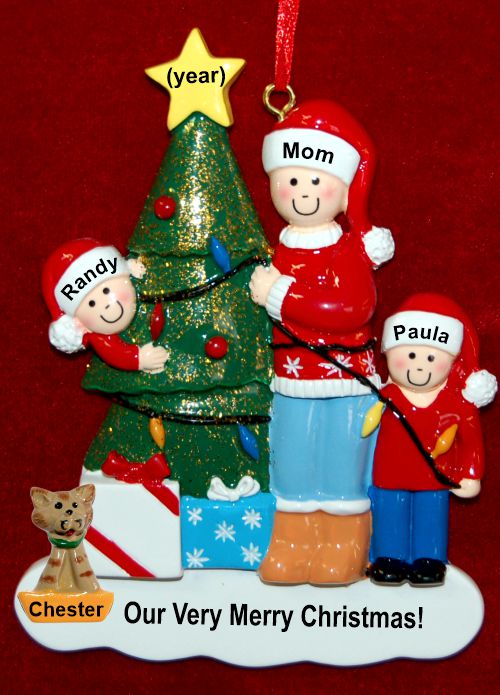 Single Mom Christmas Ornament 2 Children Decorating Our Tree with 1 Dog, Cat, Pets Custom Add-ons Personalized by RussellRhodes.com