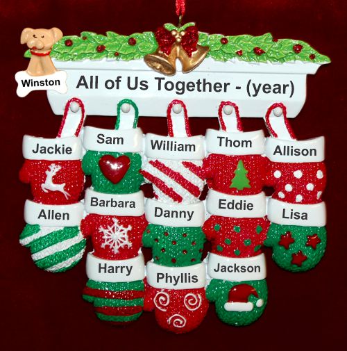 Family Christmas Ornament Festive Mittens for 13 with Pets Personalized by RussellRhodes.com