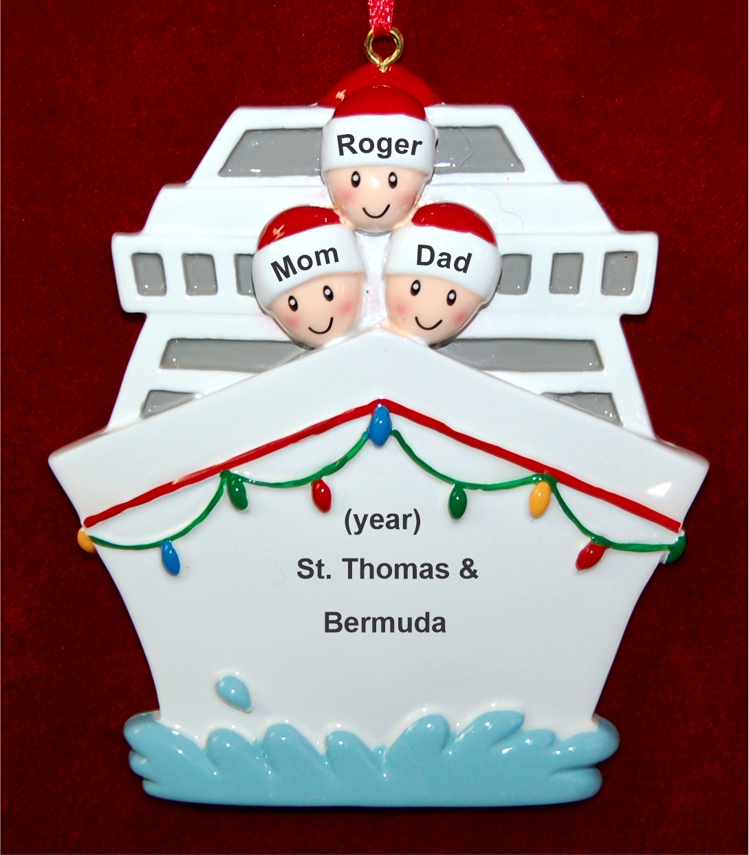 Cruise Ship Family of 3 Christmas Ornament Personalized FREE at PersonalizedOrnamentsMarket.com by Russell Rhodes