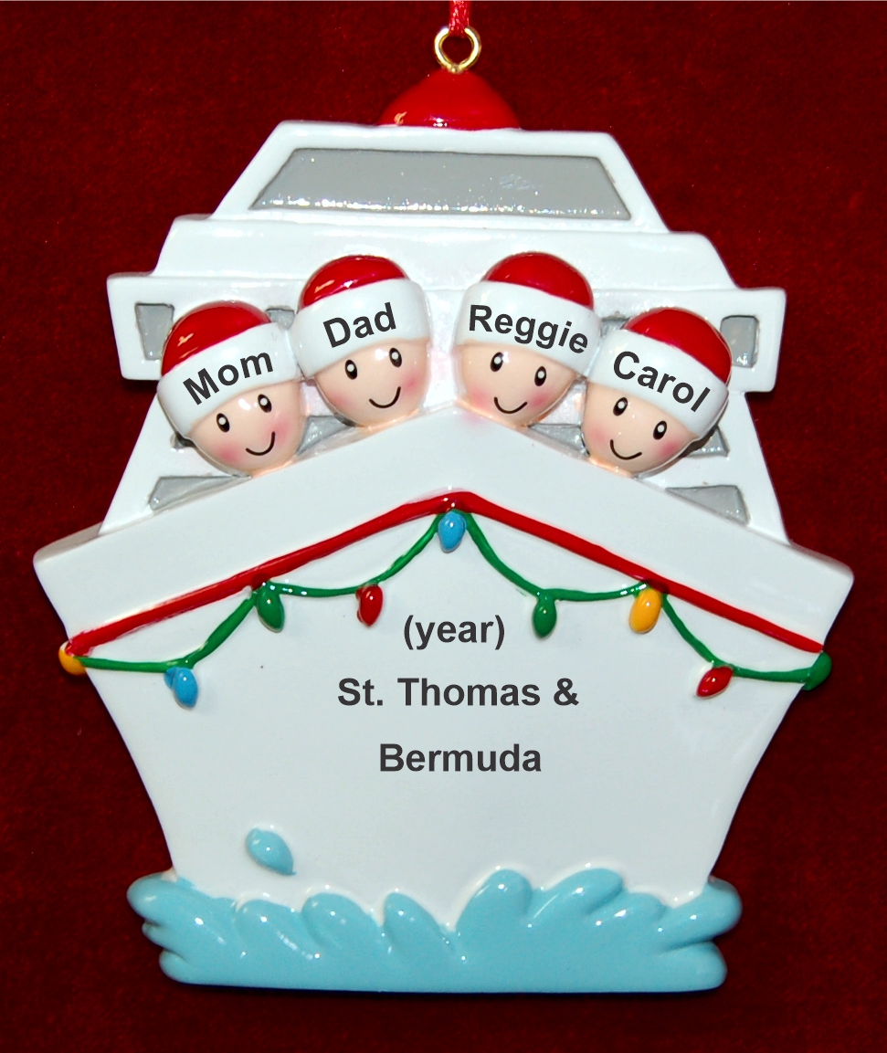 Cruise Ship Family of 4 Christmas Ornament Personalized FREE at PersonalizedOrnamentsMarket.com by Russell Rhodes