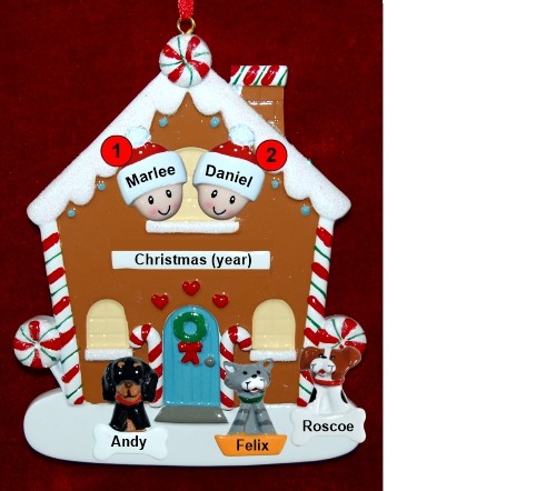 Couples Gingerbread House Christmas Ornament with 3 Dogs, Cats, Pets Custom Add-ons Personalized by RussellRhodes.com