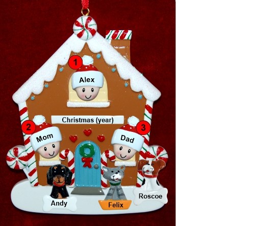 Family of 3 Gingerbread House Christmas Ornament with 3 Dogs, Cats, Pets Custom Add-ons Personalized by RussellRhodes.com