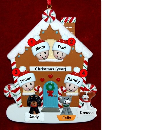 Family of 4 Gingerbread House Christmas Ornament with 3 Dogs, Cats, Pets Custom Add-ons Personalized by RussellRhodes.com