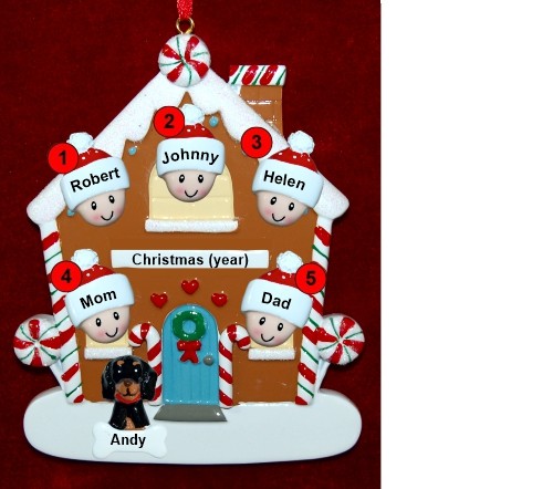 Family of 5 Gingerbread House Christmas Ornament with 1 Dog, Cat, Pets Custom Add-ons Personalized by RussellRhodes.com