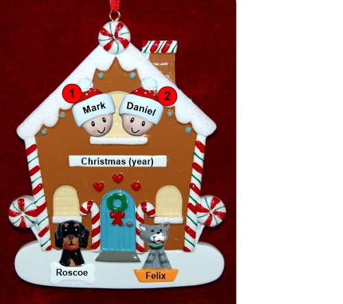 Couples Gingerbread House Christmas Ornament with 2 Dogs, Cats, Pets Custom Add-ons Personalized by RussellRhodes.com