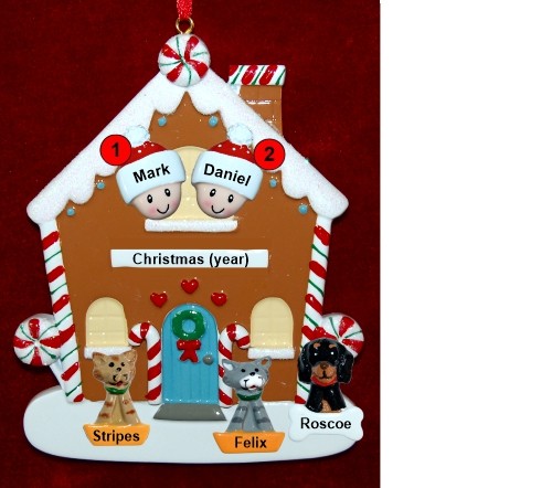 Couples Gingerbread House Christmas Ornament with 3 Dogs, Cats, Pets Custom Add-ons Personalized by RussellRhodes.com