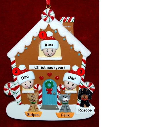 Family of 3 Gingerbread House Christmas Ornament with 3 Dogs, Cats, Pets Custom Add-ons Personalized by RussellRhodes.com