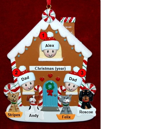 Family of 3 Gingerbread House Christmas Ornament with 4 Dogs, Cats, Pets Custom Add-ons Personalized by RussellRhodes.com