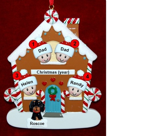 Family of 4 Gingerbread House Christmas Ornament with 1 Dog, Cat, Pets Custom Add-ons Personalized by RussellRhodes.com