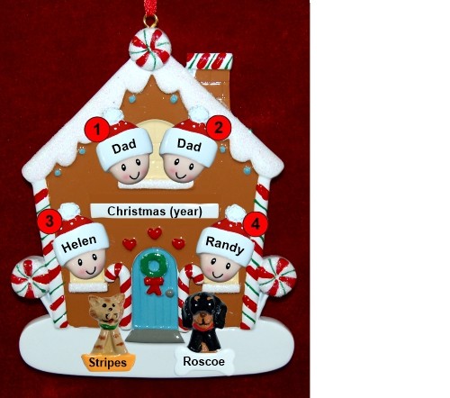 Family of 4 Gingerbread House Christmas Ornament with 2 Dogs, Cats, Pets Custom Add-ons Personalized by RussellRhodes.com