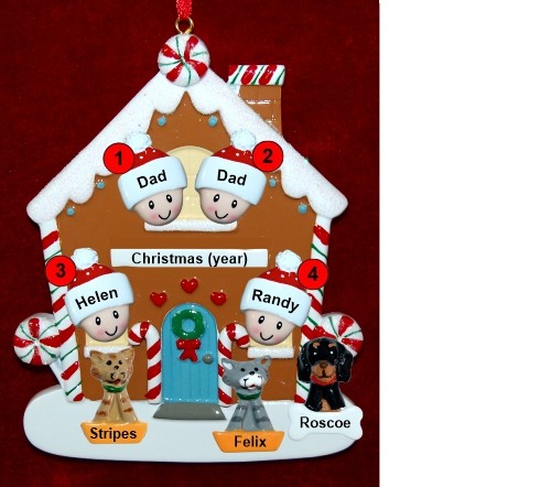 Family of 4 Gingerbread House Christmas Ornament with 3 Dogs, Cats, Pets Custom Add-ons Personalized by RussellRhodes.com