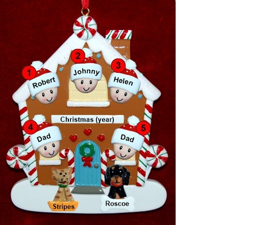 Family of 5 Gingerbread House Christmas Ornament with 2 Dogs, Cats, Pets Custom Add-ons Personalized by RussellRhodes.com