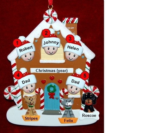 Family of 5 Gingerbread House Christmas Ornament with 3 Dogs, Cats, Pets Custom Add-ons Personalized by RussellRhodes.com