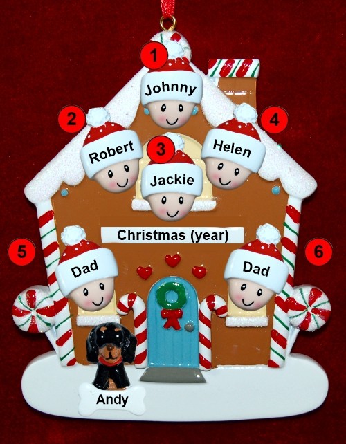 Family of 6 Gingerbread House Christmas Ornament with 1 Dog, Cat, Pets Custom Add-ons Personalized by RussellRhodes.com