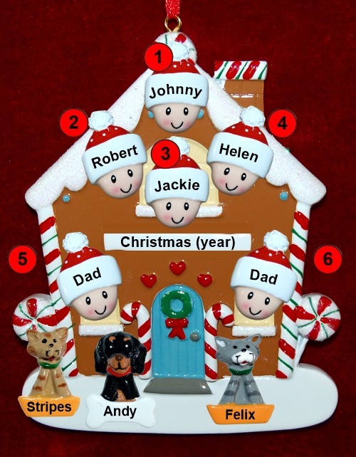 Family of 6 Gingerbread House Christmas Ornament with 3 Dogs, Cats, Pets Custom Add-ons Personalized by RussellRhodes.com