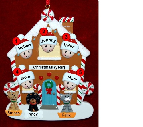 Family of 5 Gingerbread House Christmas Ornament with 3 Dogs, Cats, Pets Custom Add-ons Personalized by RussellRhodes.com