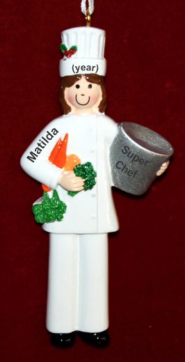 Chef Christmas Ornament Brunette Female Culinary Master Personalized FREE at PersonalizedOrnamentsMarket.com by Russell Rhodes