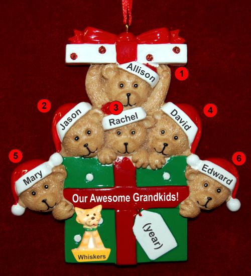 Grandparents Christmas Ornament Hugs & Cuddles 6 Grandkids with Dogs, Cats, Pets Custom Add-ons Personalized FREE at PersonalizedOrnamentsMarket.com by Russell Rhodes