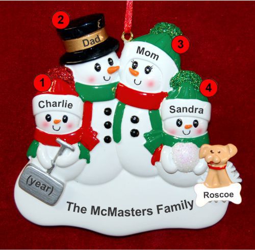 Family Christmas Ornament Snow & Fun for 4 with Dogs, Cats, Pets Custom Add-ons Personalized by RussellRhodes.com