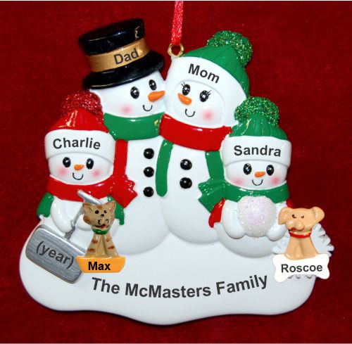 Family Christmas Ornament Snow & Fun for 4 with Dogs, Cats, Pets Custom Add-ons Personalized by RussellRhodes.com