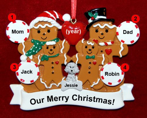 Family Christmas Ornament for 4 Gingerbread Fun with Dogs, Cats, Pets Custom Add-ons Personalized by RussellRhodes.com