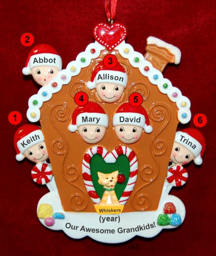 Grandparents Christmas Ornament Gingerbread Joy 6 Grandkids with Pets Personalized FREE at PersonalizedOrnamentsMarket.com by Russell Rhodes