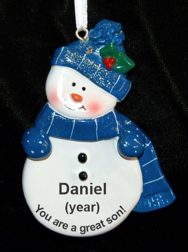 Son Christmas Ornament Blue Snowman Personalized by RussellRhodes.com