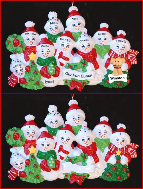 Grandparents Christmas Ornament Snow Fam 9 Grandkids with Pets Personalized by RussellRhodes.com