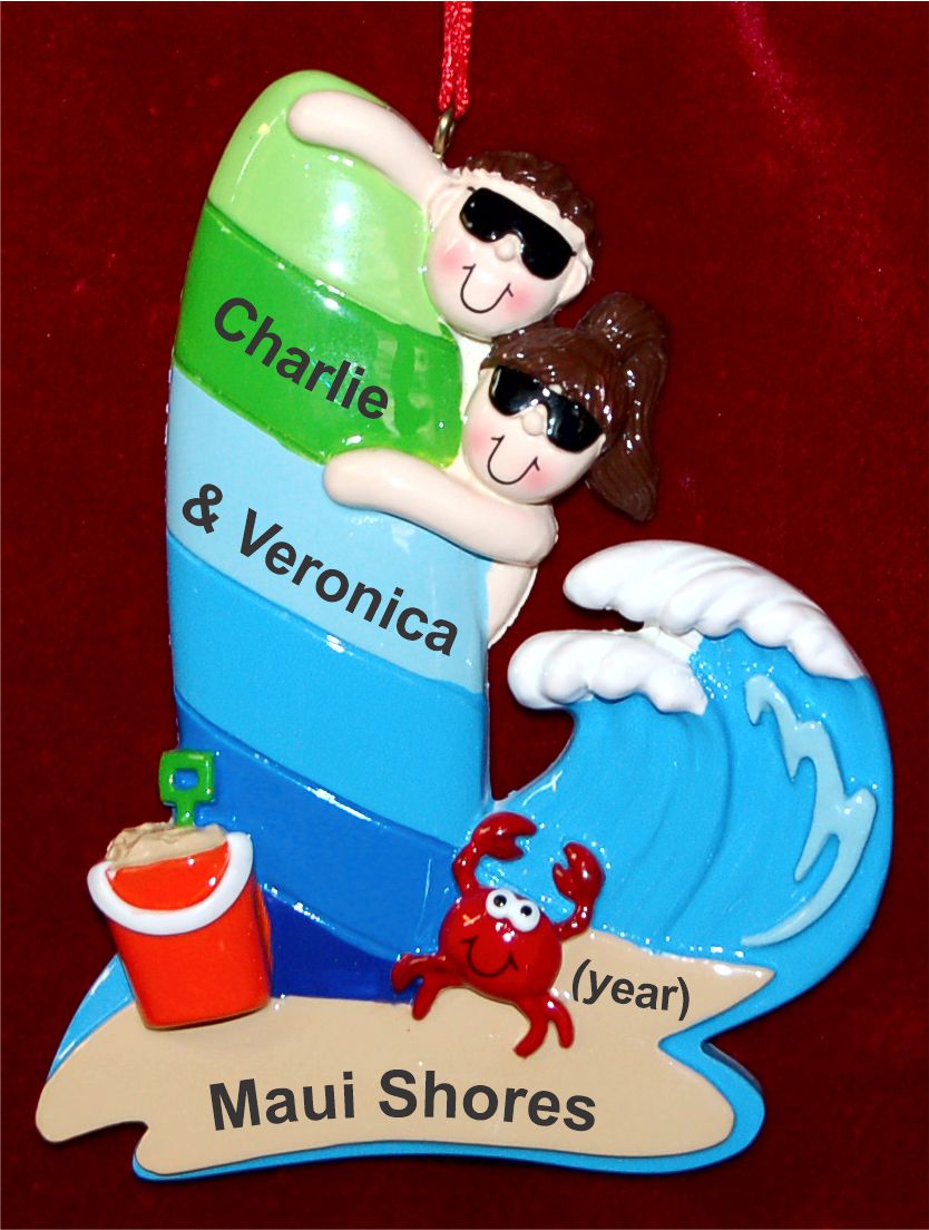 Surfing Christmas Ornament for Couple Personalized FREE at PersonalizedOrnamentsMarket.com by Russell Rhodes