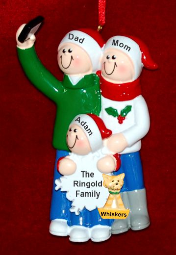 Family Christmas Ornament Selfie Fun with Pets for 3 Personalized by RussellRhodes.com