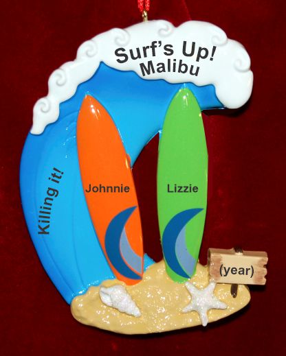 Surfing Christmas Ornament Favorite Beach for 2 Personalized by RussellRhodes.com